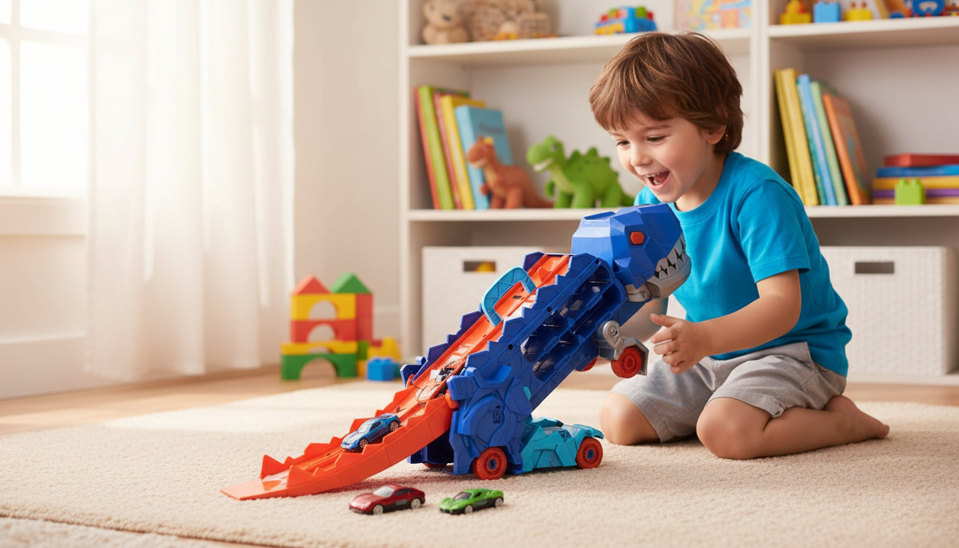 Dino Truck Hauler: Fold-Out Track + Diecast Car Races